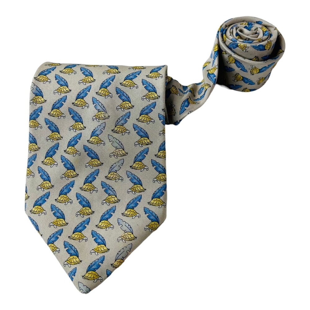 Brooks Brothers Tan w/‎ Yellow Turtle & Blue Feather Silk Neck Tie 3.75"W 58"L